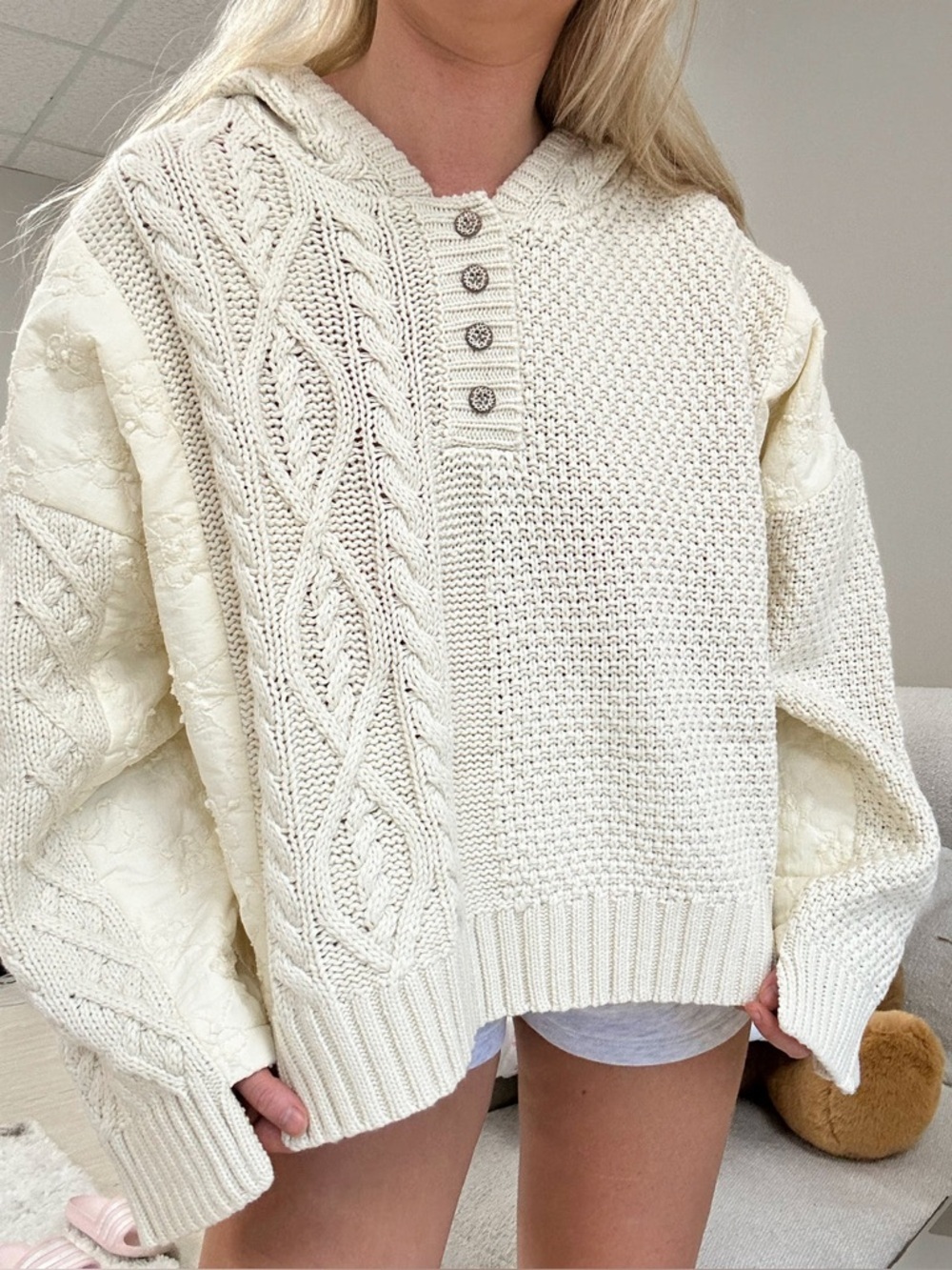 POL Cable-Knit Quarter Button Hooded Sweater Quilted Oversized Sz M Bohemian